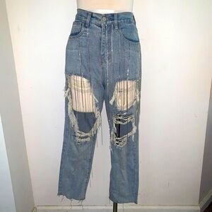 High Waist Fashion Nova Ripped Denim Rhinestone Strand Jeans Size S